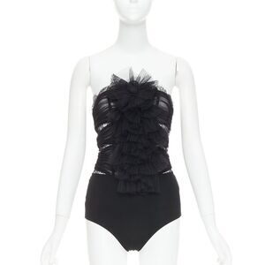 ALEXANDRE VAUTHIER COUTURE AW2022 Runway black pleated tulle sheer lace body top